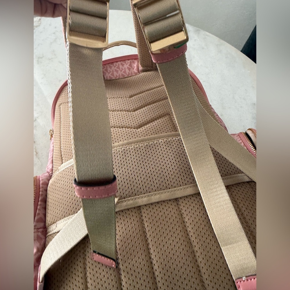 Michael Kors Pink Prescott Large Signature Logo Print Woven Backpack - Picture 10 of 15